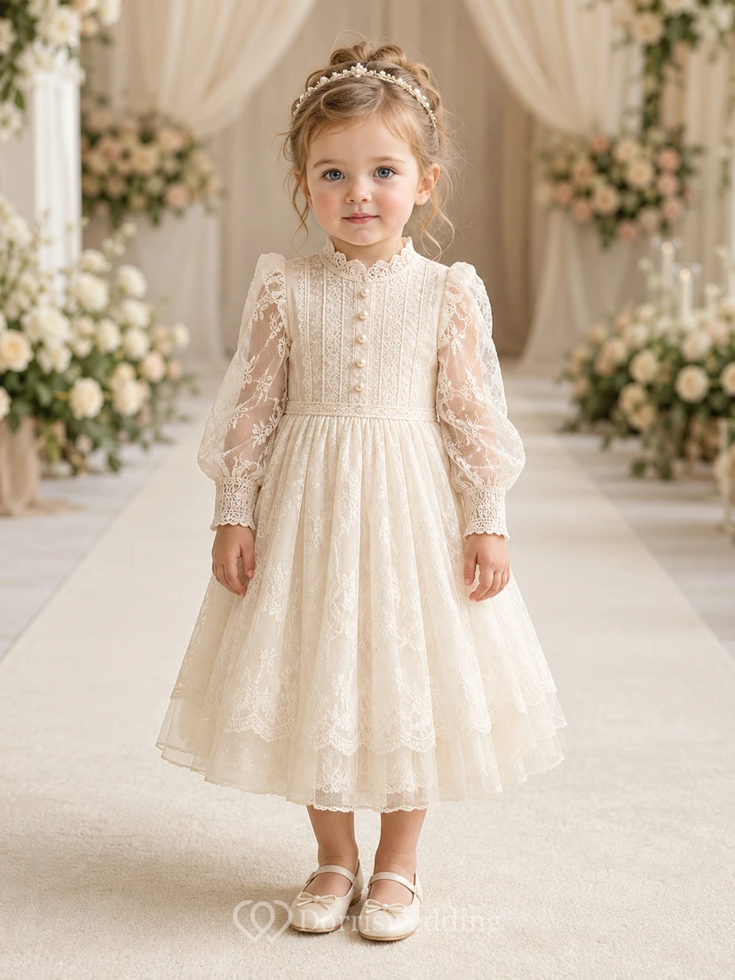 Modest Long Sleeve Lace Ankle-Length A-Line Flower Girl Garden Wedding Tulle Dress