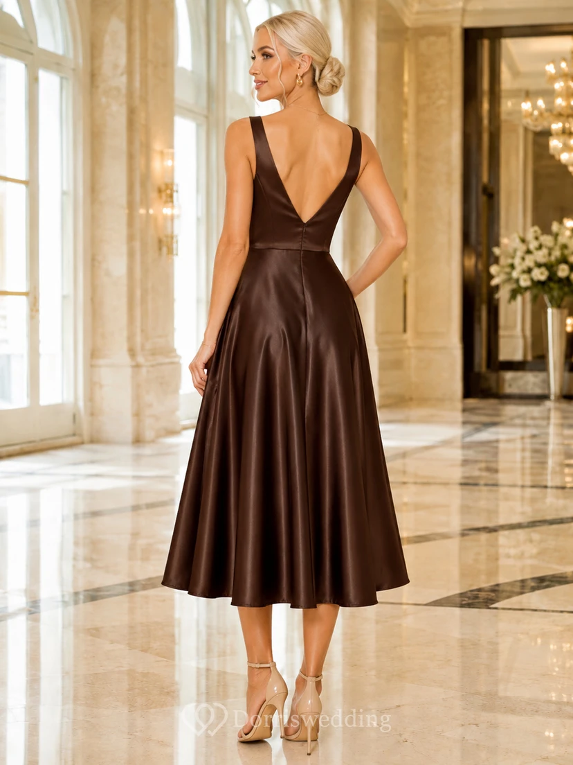 Chocolate Square Neck Satin A Line Tea Length Guest Dress view 2