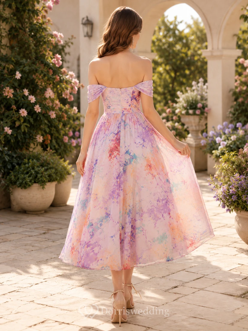 Pastel Paint Splash Off Shoulder Cocktail Midi Dress view 2