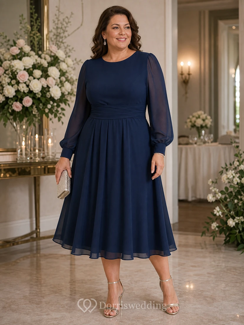 Bateau Long Sleeve Chiffon Midi Dress view 9