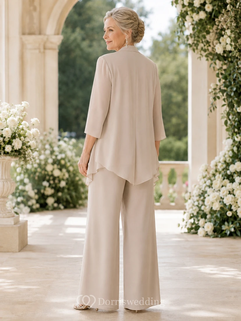 Champagnerfarbener, eleganter Hosenanzug für die Mutter der Braut, florale Spitze, Rundhalsausschnitt, Dreiviertel-Wasserfall-Chiffonjacke, Palazzo-Hose view 2
