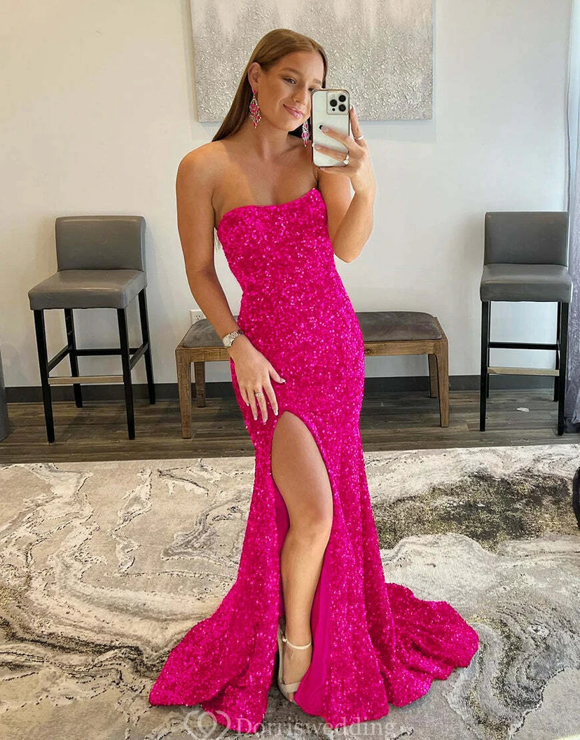 Robe bustier bleu roi à sequins et fente jusqu'à la cuisse view 16