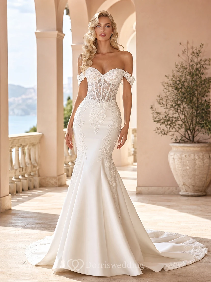 Robe de mariée sirène en satin poli et dentelle, épaules dénudées, manches courtes, corsage à traîne chapelle et dos nu, robe de mariée à bustier court et traîne chapelle, épaules dénudées et manches courtes.