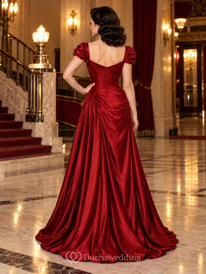 Vintage Red Sweetheart Puff Sleeve Ruched Satin Long Evening Dress view 2