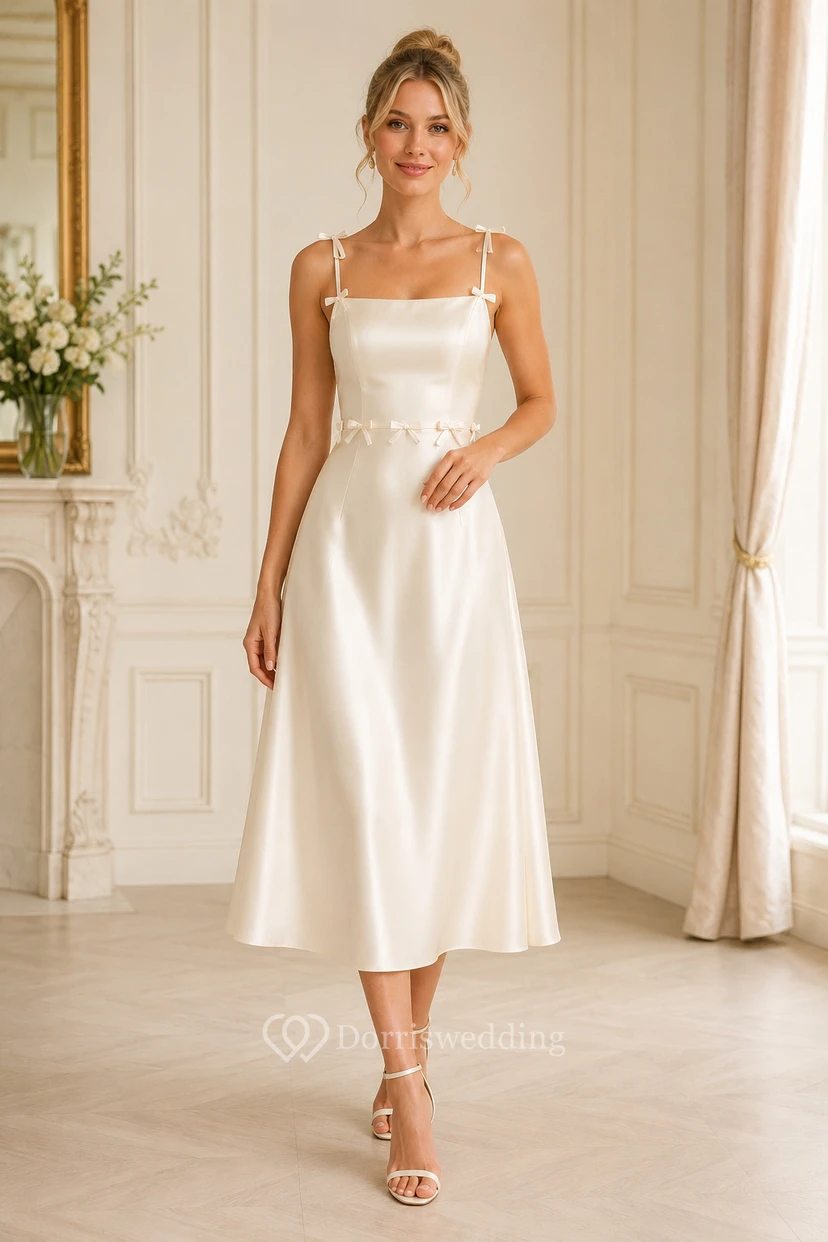 Ivory Spaghetti Strap Satin Tea-Length A-Line Dress