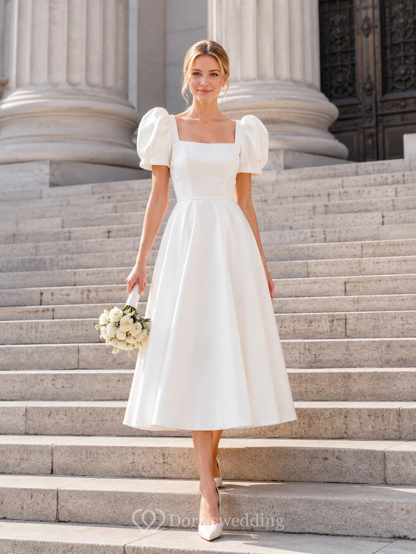 Simple Square Neck Puff Sleeve Satin Tea Length Courthouse Wedding Dress