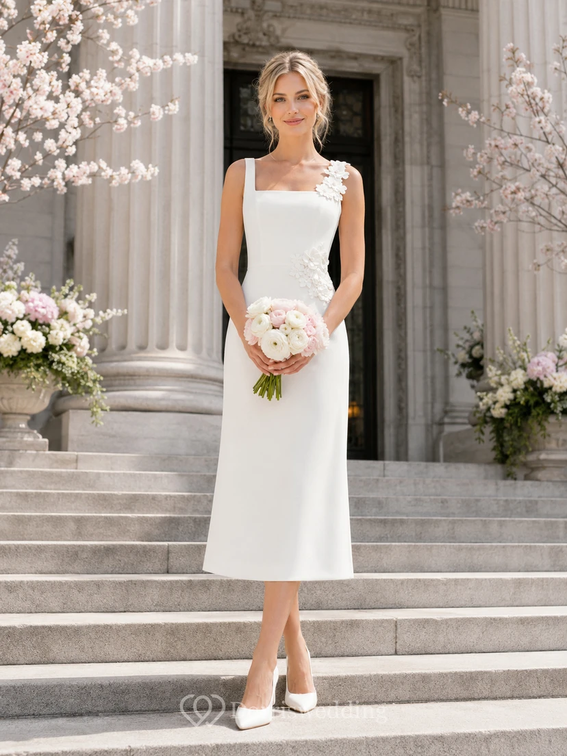 Midi-Brautkleid mit quadratischem Ausschnitt und Säulenform