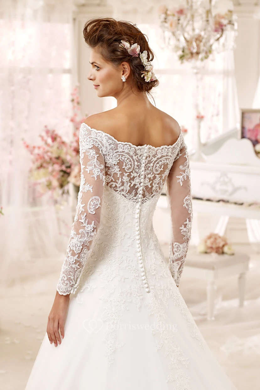 Off-shoulder A-line Dress with Long Sleeves and Flowers view 2