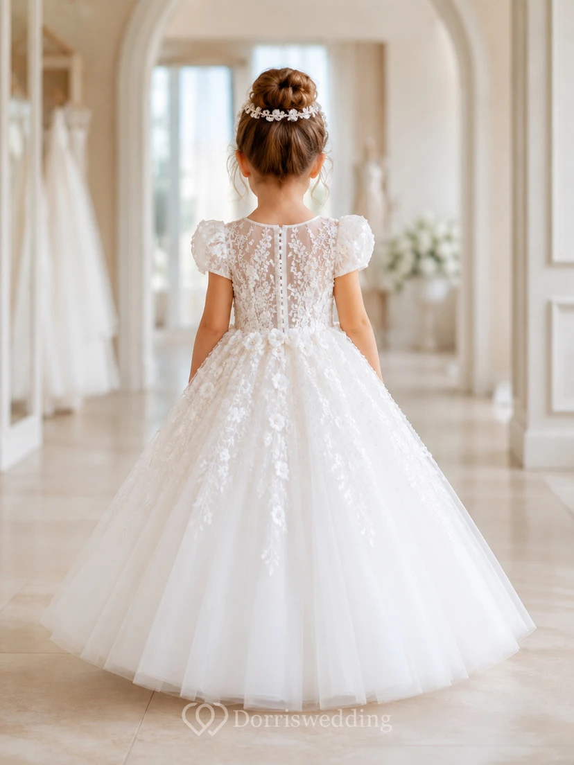 Robe de demoiselle d'honneur en tulle et dentelle à manches bouffantes view 2