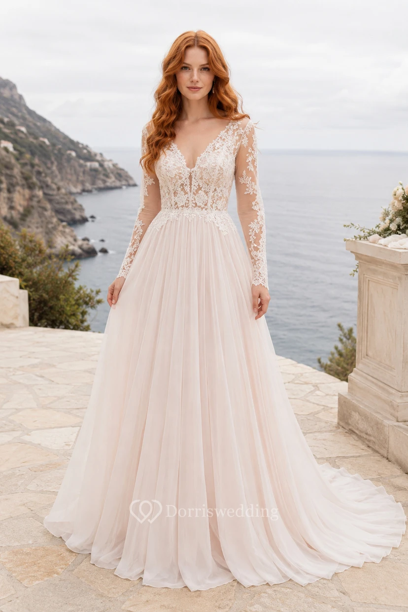 A-Linien-Brautkleid mit langen Ärmeln und Spitzenoberteil