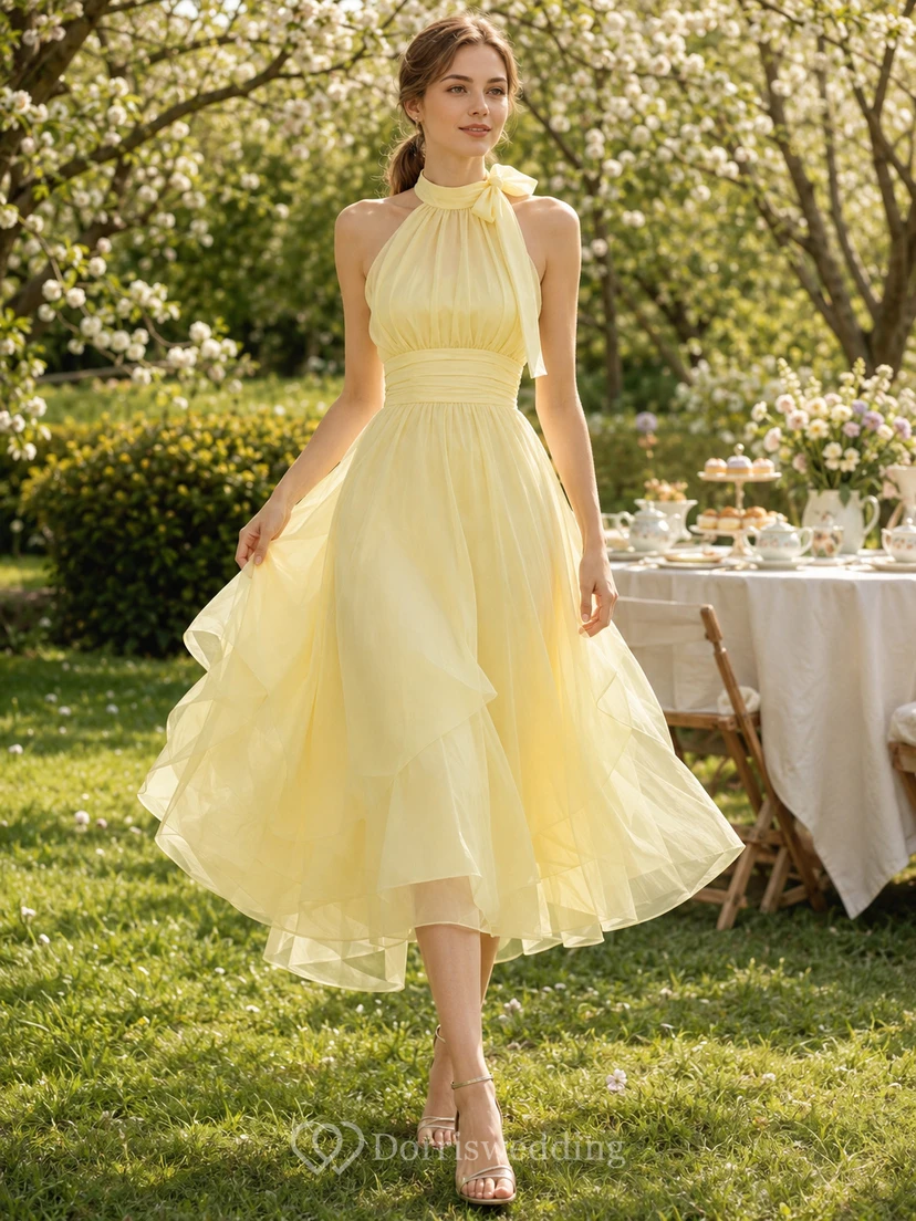 Yellow Halter Pleated Organza Tea Length Garden Dress