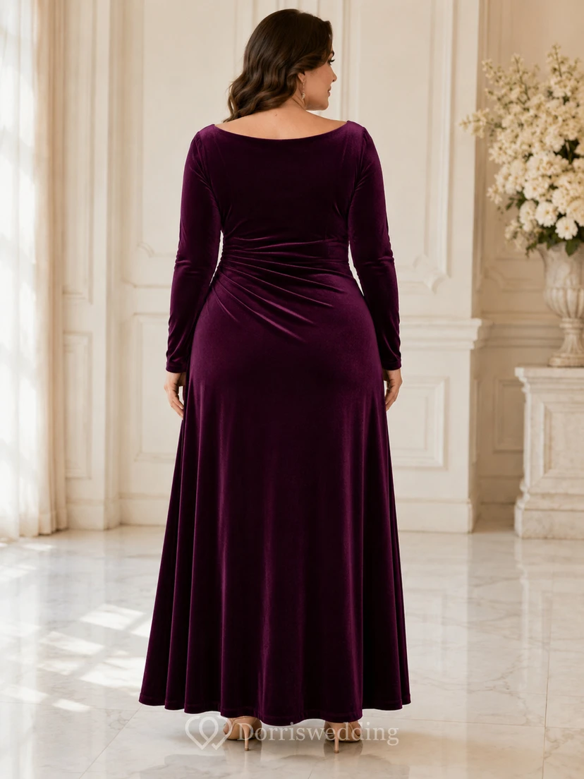 Plum V Neck Long Sleeve Ruched Velvet Floor Plus Size Guest Dress view 2