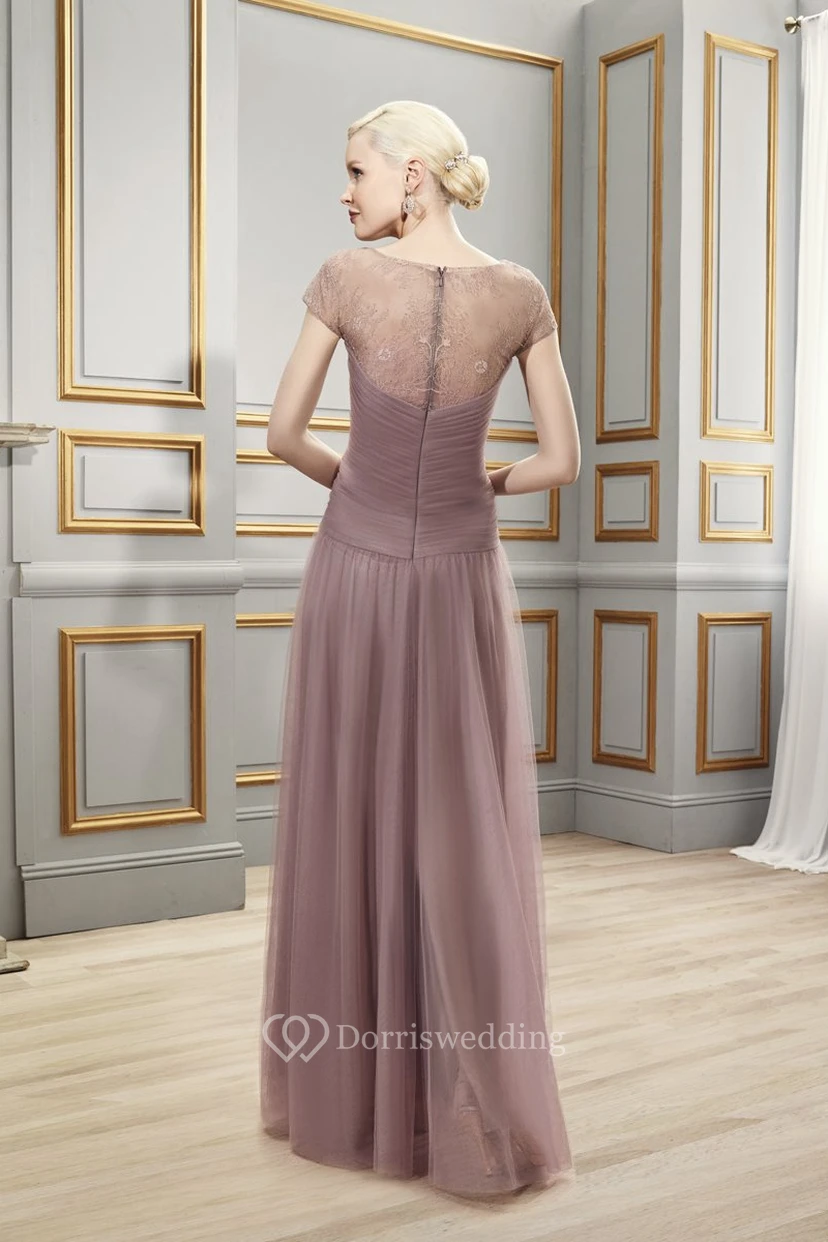 A-Linien-Abendkleid aus Tüll mit kurzen Ärmeln, V-Ausschnitt, Raffungen, bodenlang, mit Illusionsrücken und Falten view 2