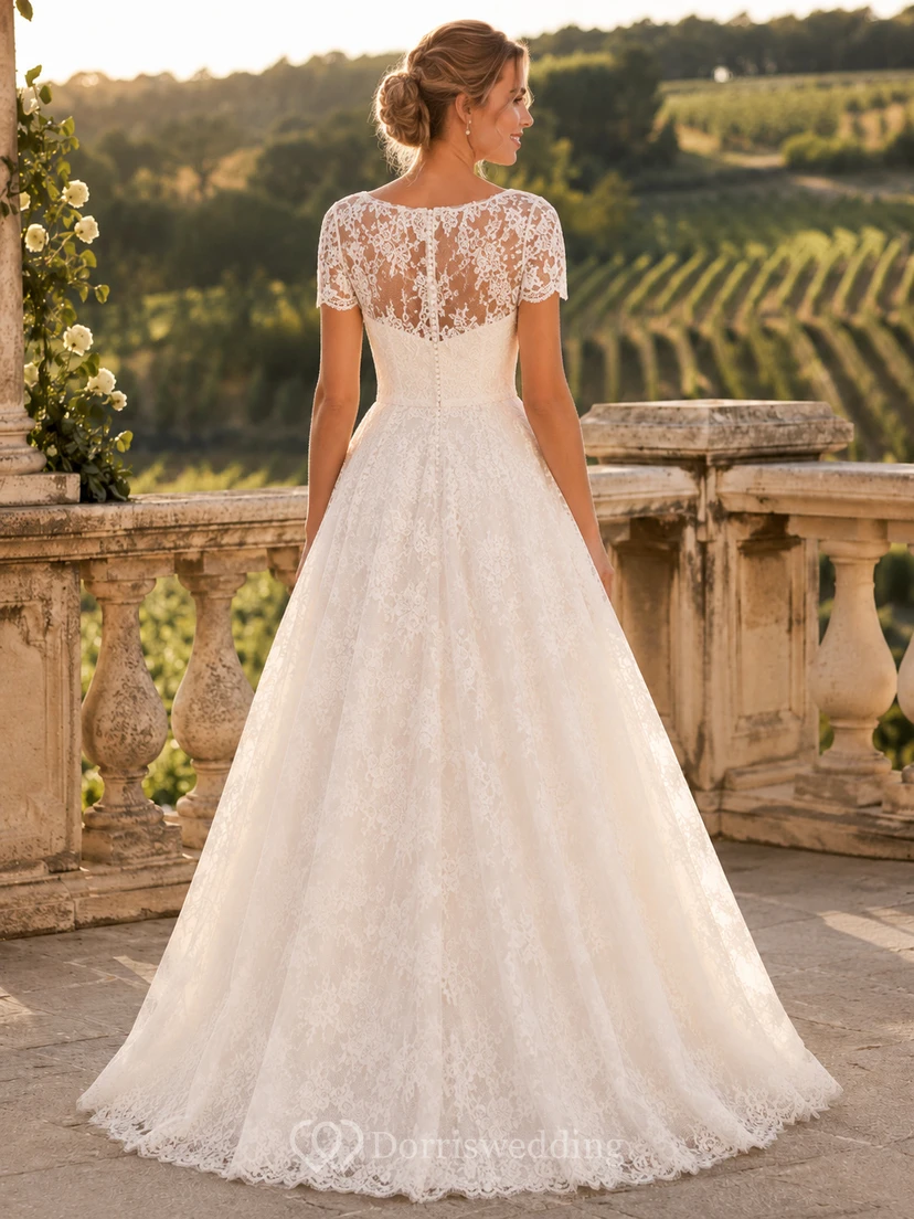 Vestido de novia romántico vintage de corte A con escote barco, mangas cortas y encaje. view 2