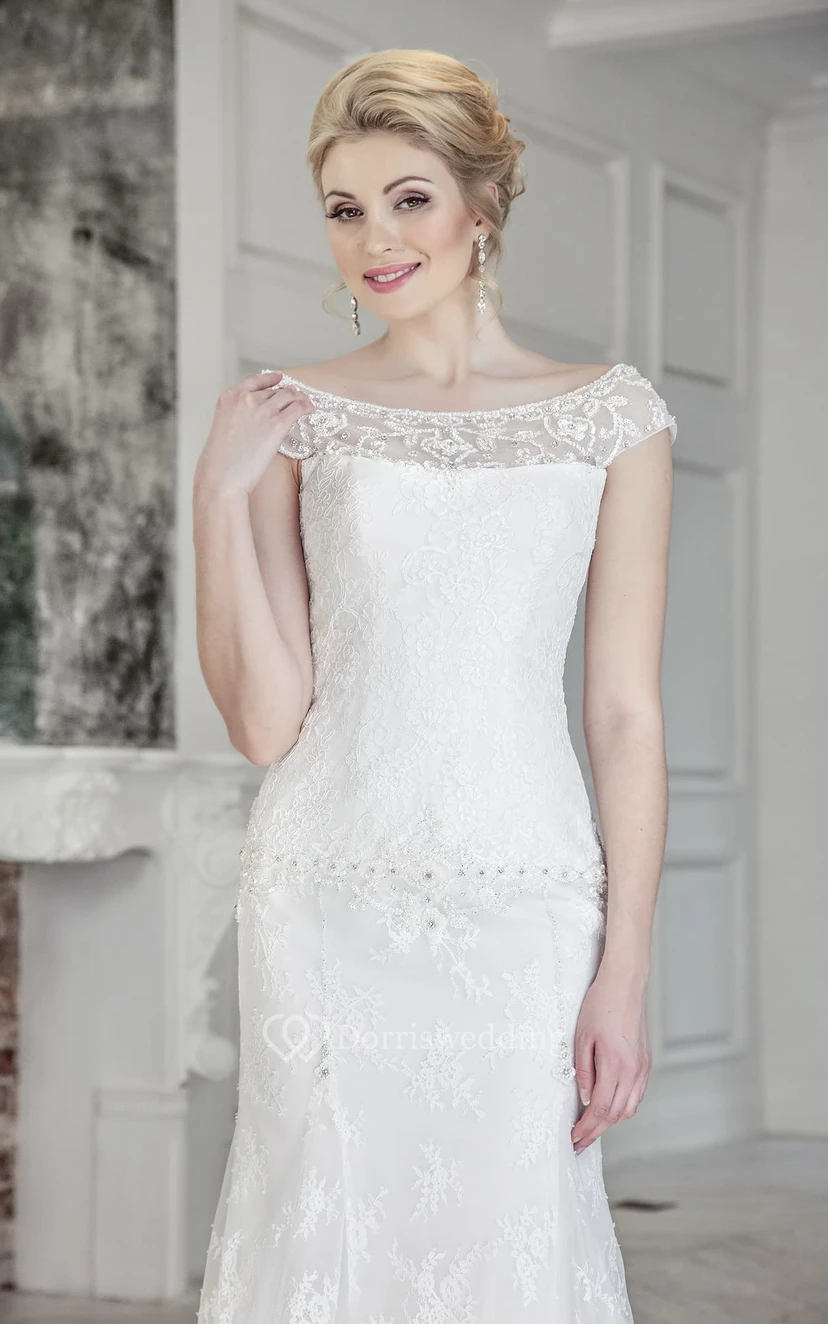 Sheath Long Scoop Cap-Sleeve Corset-Back Lace Dress With Beading view 2