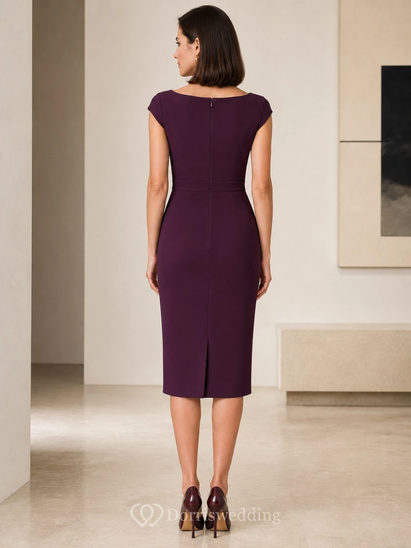 Vestido de cóctel ajustado de gasa color topo con escote en V y largo hasta la rodilla view 2