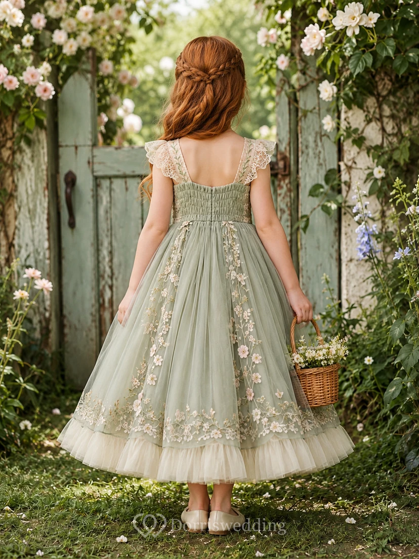 Sage Bohemian A-Line Tulle Flower Girl Dress Cap Sleeve Square Neck Ankle-Length Floral Lace Ruffle view 2