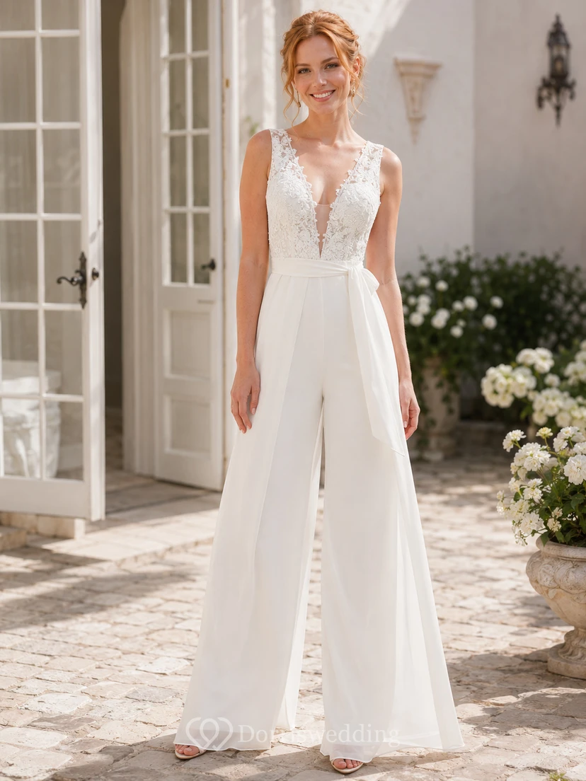 Romantic Bridal Jumpsuit Lace Deep V Neck Sleeveless Wide Leg Wedding Outfit