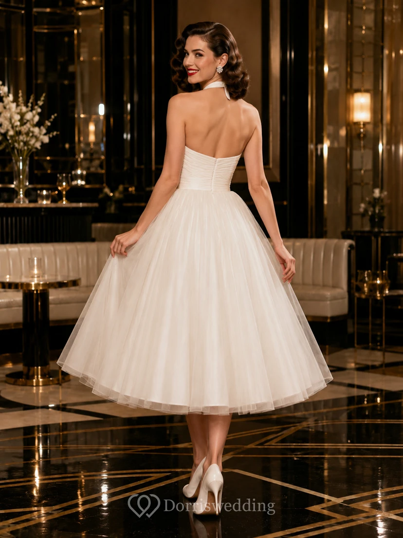 Retro Halter Tulle Tea Length Ballroom Bridal Dress view 2