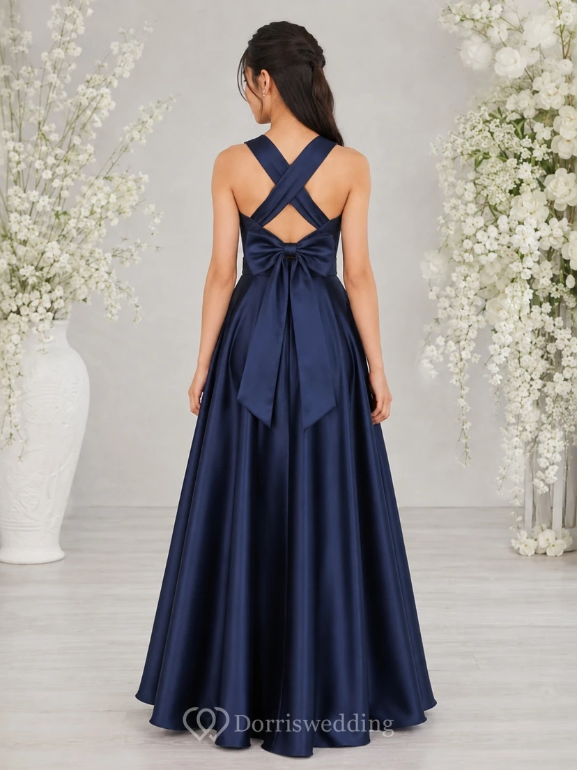 Dark Navy Junior Bridesmaid Dress A-Line Jewel Sleeveless Satin Bow Detail Elegant view 2