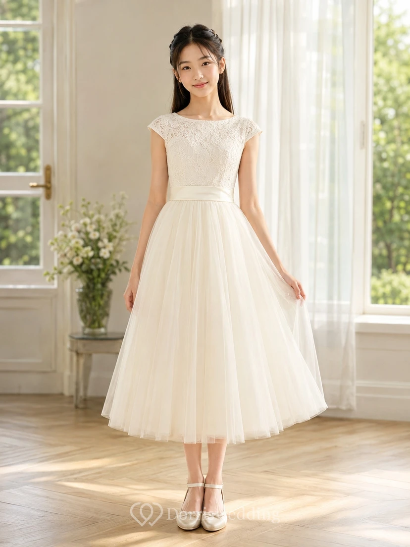 Junior-Brautjungfernkleid, A-Linie, Teelänge, Schmuckstein, kurze Ärmel, Spitze, romantisch
