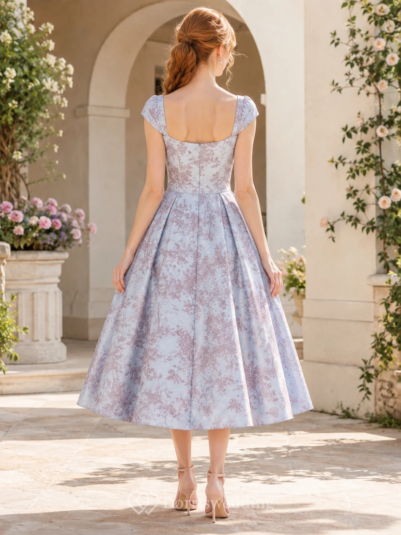 Robe de soirée bleue à fleurs, col carré, manches courtes, coupe trapèze, longueur thé view 2