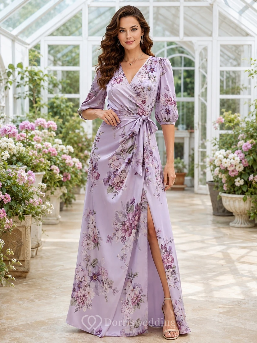 Lavender Floral V-Neck Three-Quarter Sleeve Satin A-Line Floor-Length Split Guest Dress