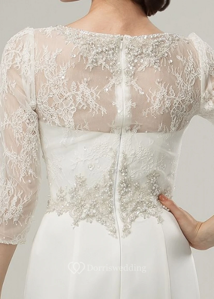 Maxi Scoop Appliqued 3-4-Sleeve Satin Wedding Dress With Sweep Train And Illusion view 4