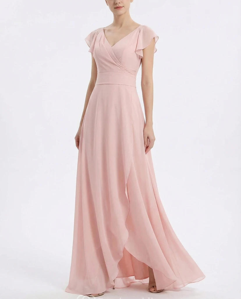 Vestido de gasa con mangas cortas, fajín y abertura
