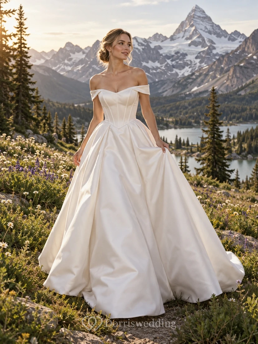 Simple Off Shoulder Duchess Satin Wedding Dress with Paneled Bodice and Ball Gown Train