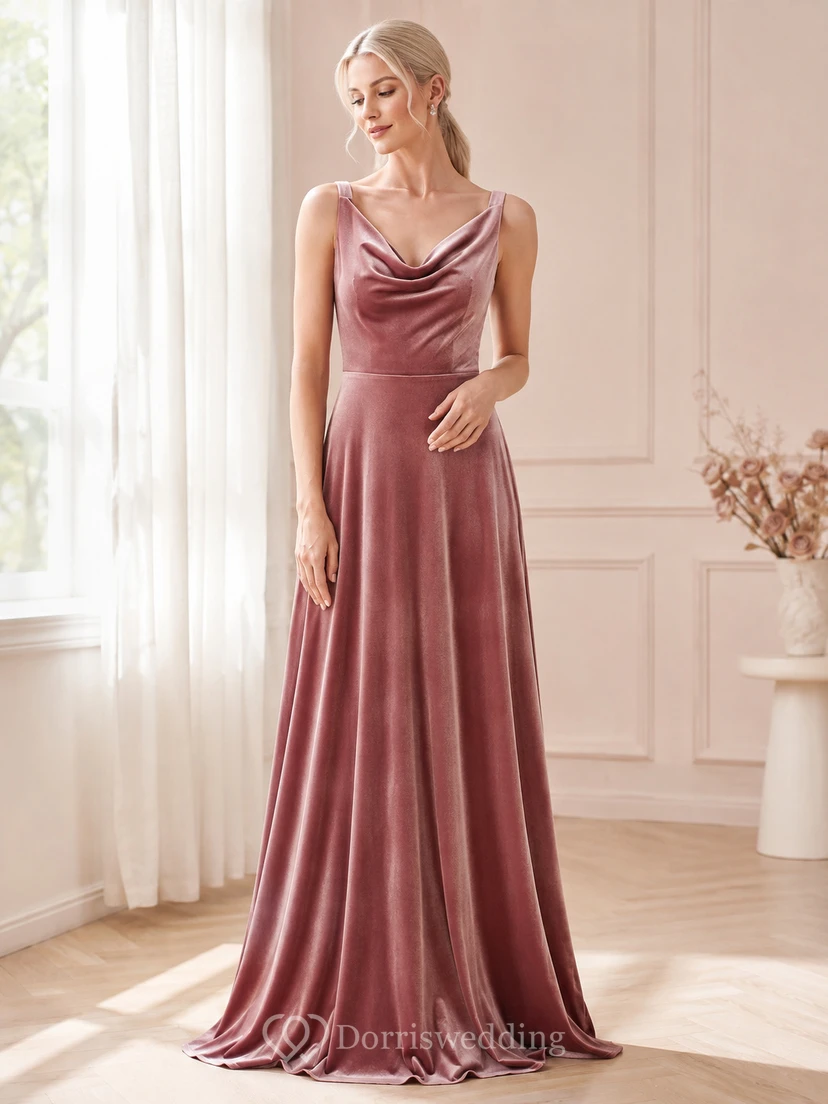 Vintage Mauve Cowl-Neck Strappy Velvet A-Line Floor-Length Formal Evening Dress