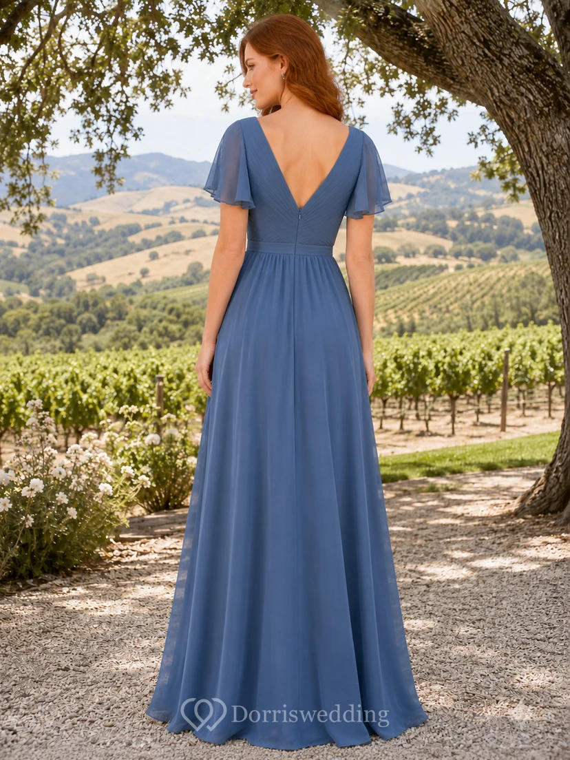 Steel Blue Chiffon A-Line V-Neck Flutter Sleeve Pleated Low Back Floor-Length Bridesmaid Dress view 2