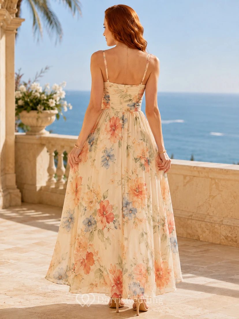 Peach Watercolor Floral Spaghetti Strap Resort Maxi Dress view 2