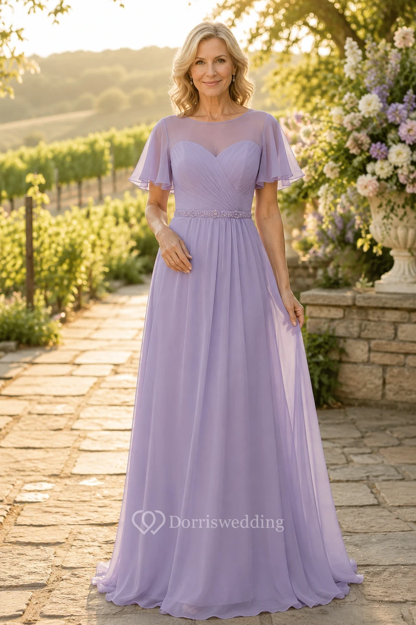 Robe mère trapèze en mousseline de soie lavande à manches papillon