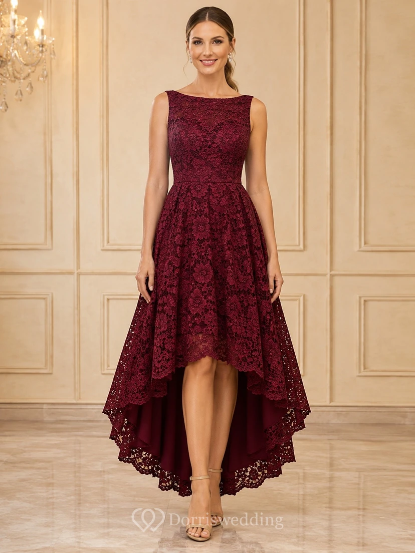 Burgundy Sleeveless Lace A-Line High-Low Cocktail Formal Dress