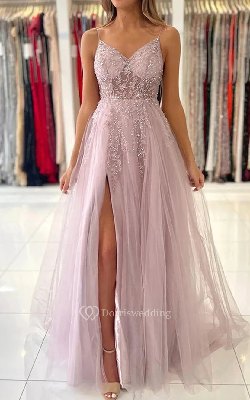 Spaghetti Front Split Beaded Applique Front Split Tulle Evening Prom Dress