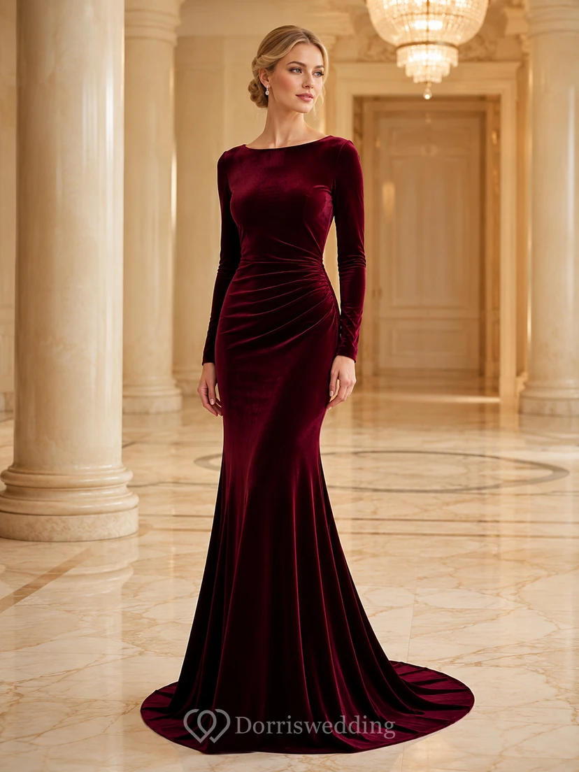 Robe de soirée sirène élégante en velours bordeaux à manches longues et coupe bateau, style sirène, sexy