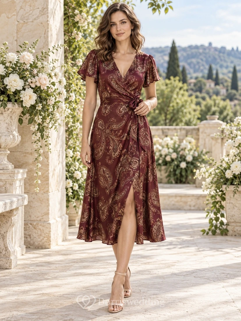 Vestido de fiesta de satén burdeos con estampado paisley, corte en A, escote en V y manga corta, largo hasta la rodilla.