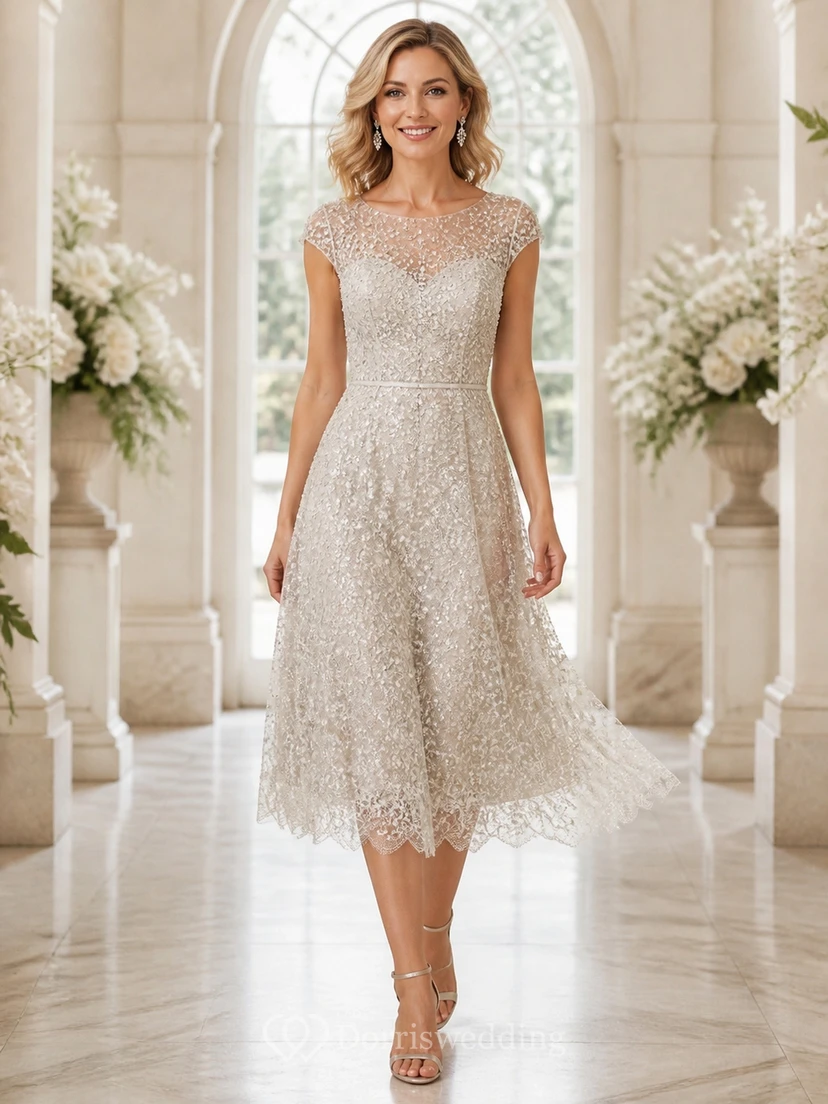 Teelanges, ärmelloses A-Linien-Hochzeitskleid aus feiner Spitze mit hohem Kragen und elegantem Teelängen-Finish