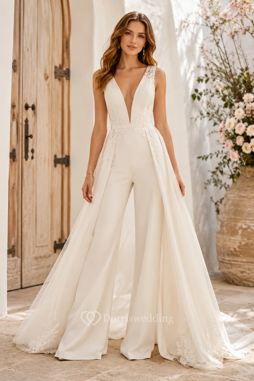 Deep V Bridal Jumpsuit with Tulle Overskirt and Low Back