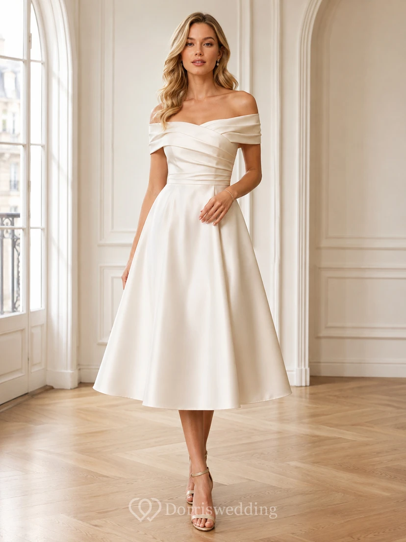 Elegante vestido de cóctel blanco de corte A, largo midi, con hombros descubiertos y plisados, de satén vintage.