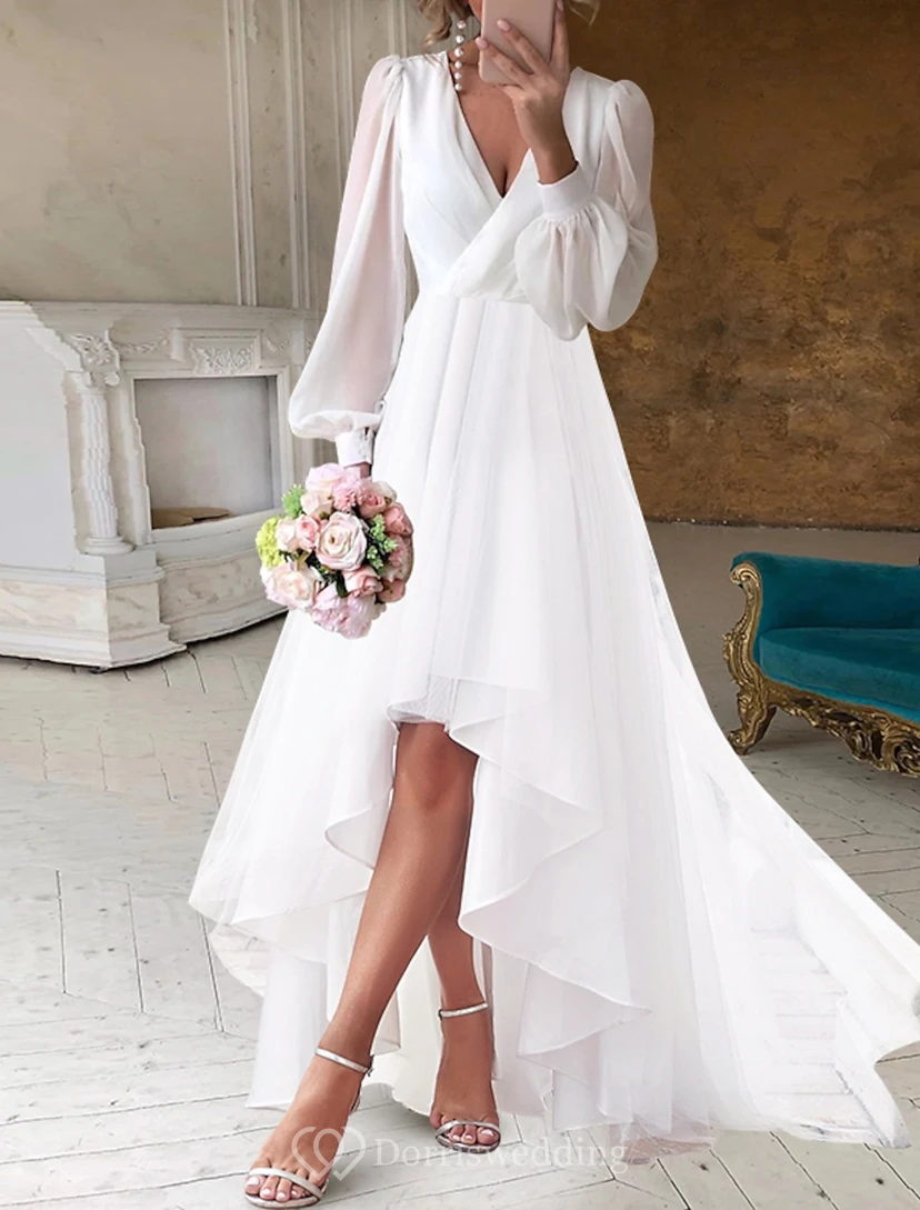 High-Low Tulle Wedding Dress with Bishop Sleeves