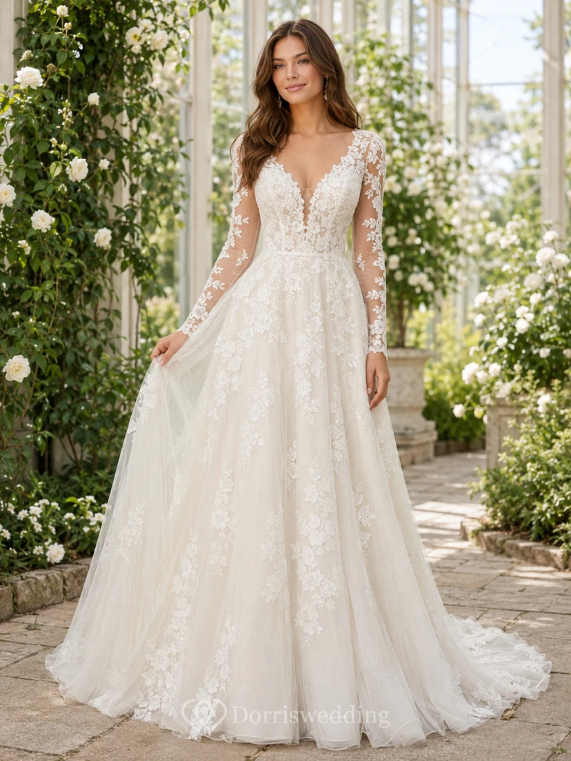 Robe de mariée romantique à décolleté plongeant en V, manches longues en dentelle et coupe trapèze avec traîne chapelle