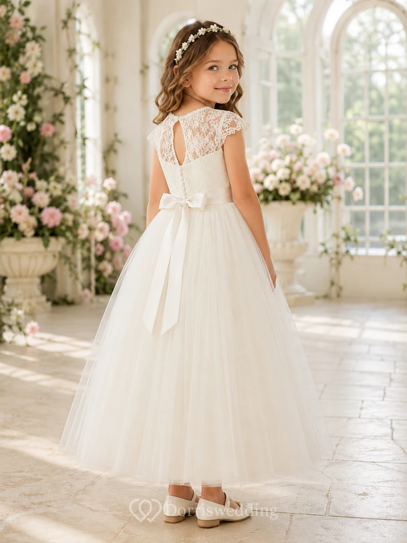 Lace Cap Sleeve Tulle A-Line Tea-Length Keyhole Bow Flower Girl Garden Wedding Dress view 2