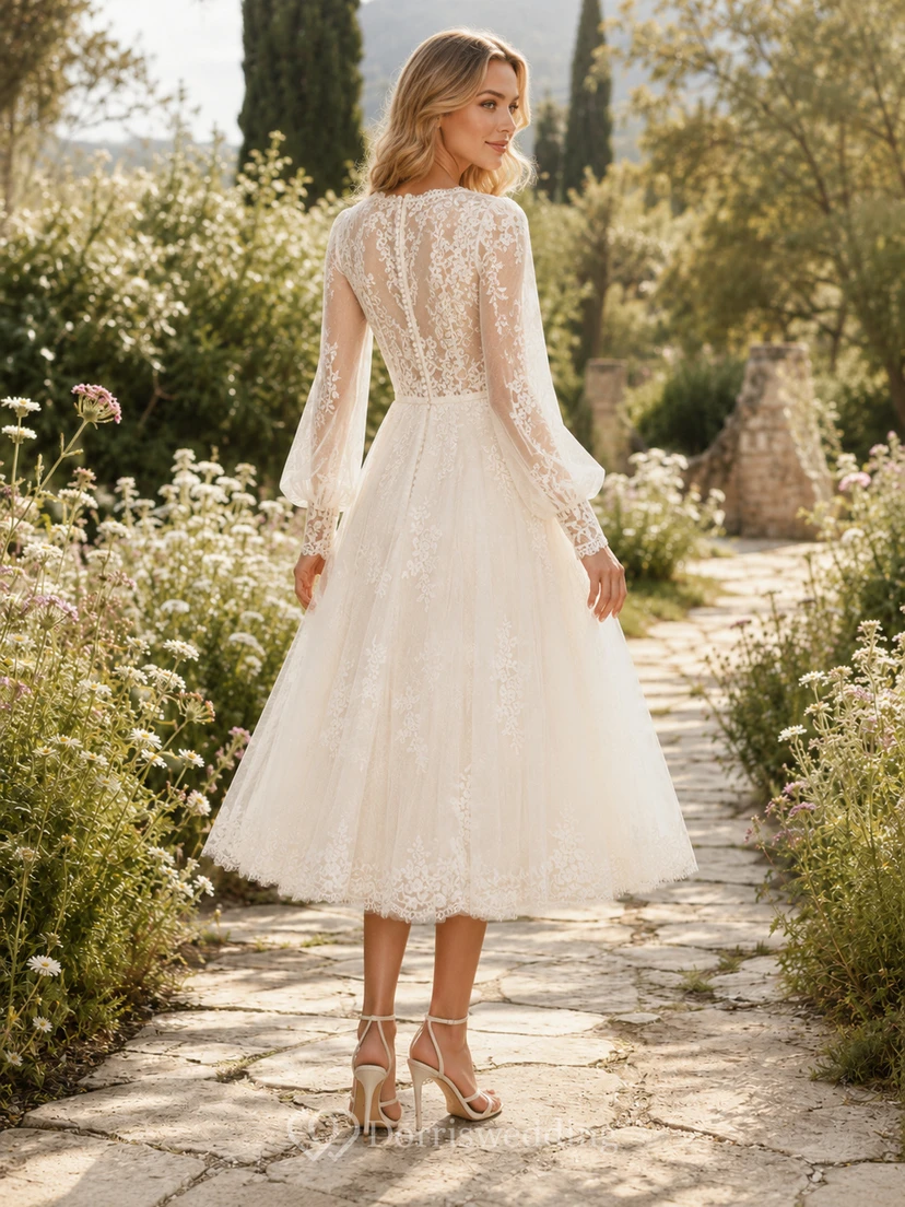 Bohemian Tea-Length V-Neck Three-Quarter Lace Country Vintage Romantic Wedding Dress view 2