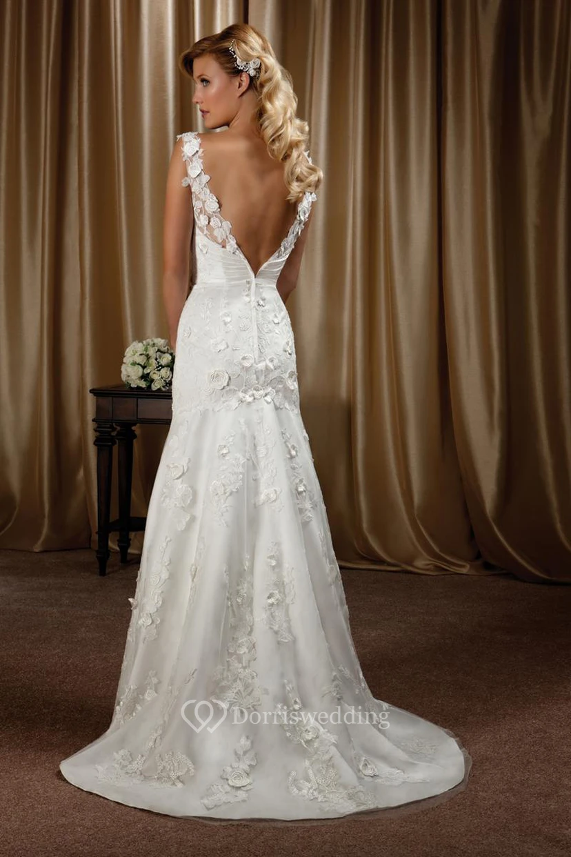 Sheath Appliqued Floor-Length V-Neck Sleeveless Wedding Dress With Flower And Deep-V Back view 2
