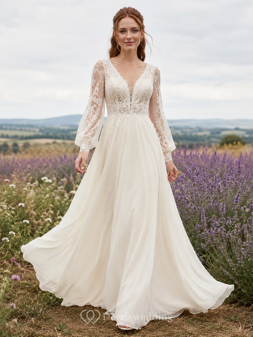 Long Sleeve Lace Chiffon Boho Country Garden Wedding Dress