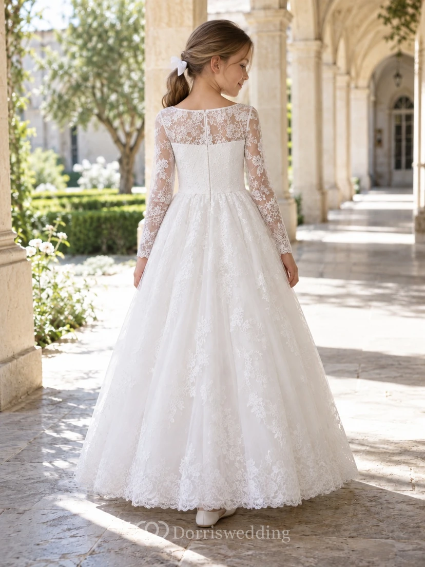 Modest White Floor-length Long Sleeve Illusion Bateau Lace Communion Dress view 2