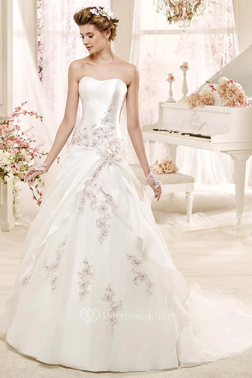 Angel Strapless Beaded A-line Wedding Dress with Asymmetrical Overlayer and Lace-up Back
