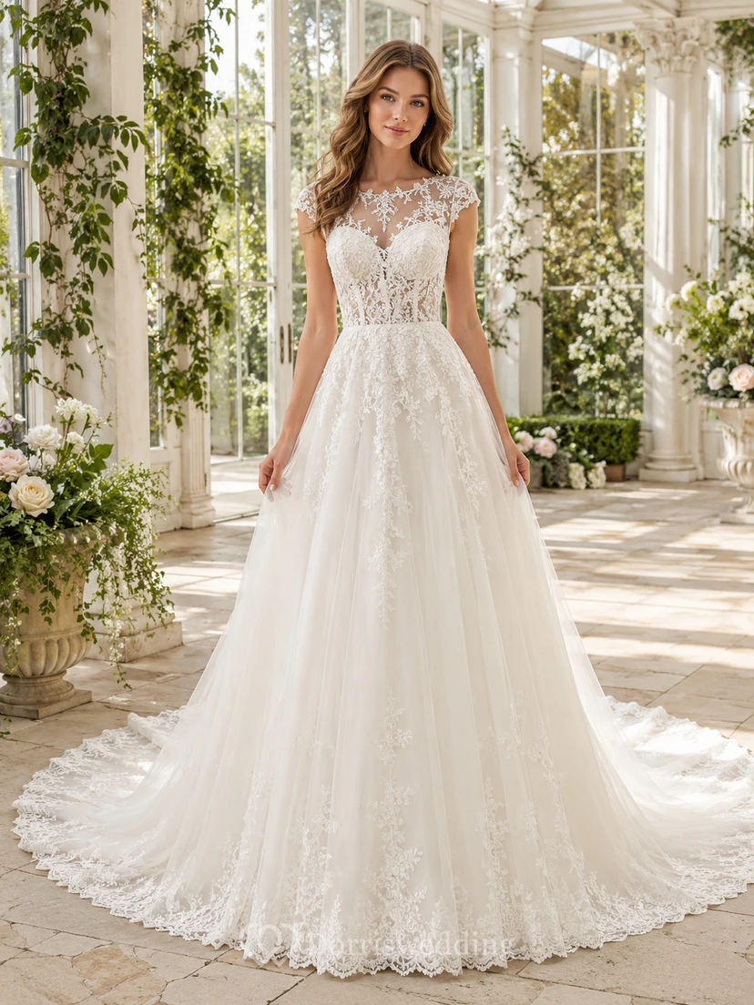 Robe de mariée romantique en dentelle, manches courtes, coupe trapèze, traîne chapelle, style jardin